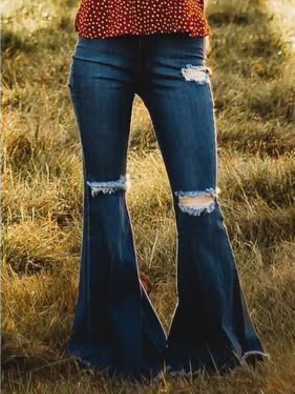 Vibrant Dark Blue Distressed Flare Jeans